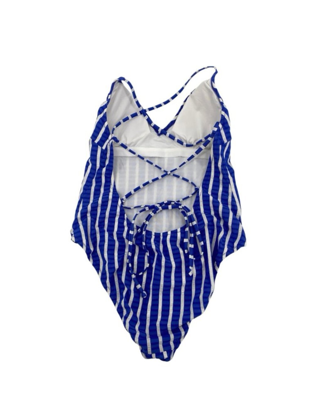 J.Crew Size 10 Blue White Lace Up Back One Piece Swimsuit Puckered Stripe H2911 - Picture 5 of 14